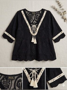 POL Boho Lace V-Neck Top with Tassel Tie - Black